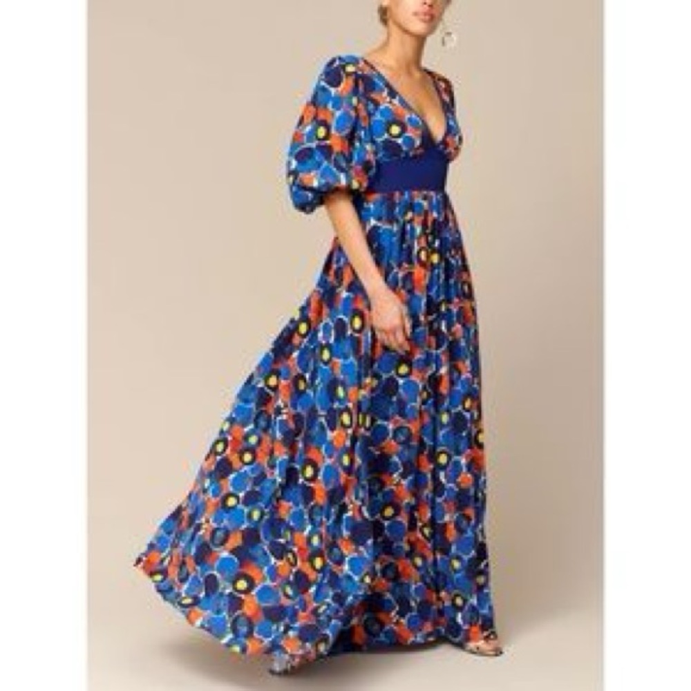 Retro Staud maxi dress with puff sleeves and v neck